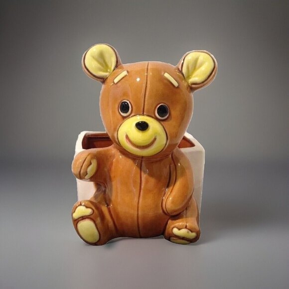 Vintage Lefton H5766 Teddy Bear Planter Japan Big Eye Brown Glazed Ceramic 6" - Picture 1 of 11